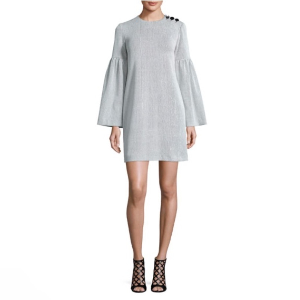 Tibi Black And White Striped Crinkle-Knit Bell-Sleeve Shift Mini Dress Size S